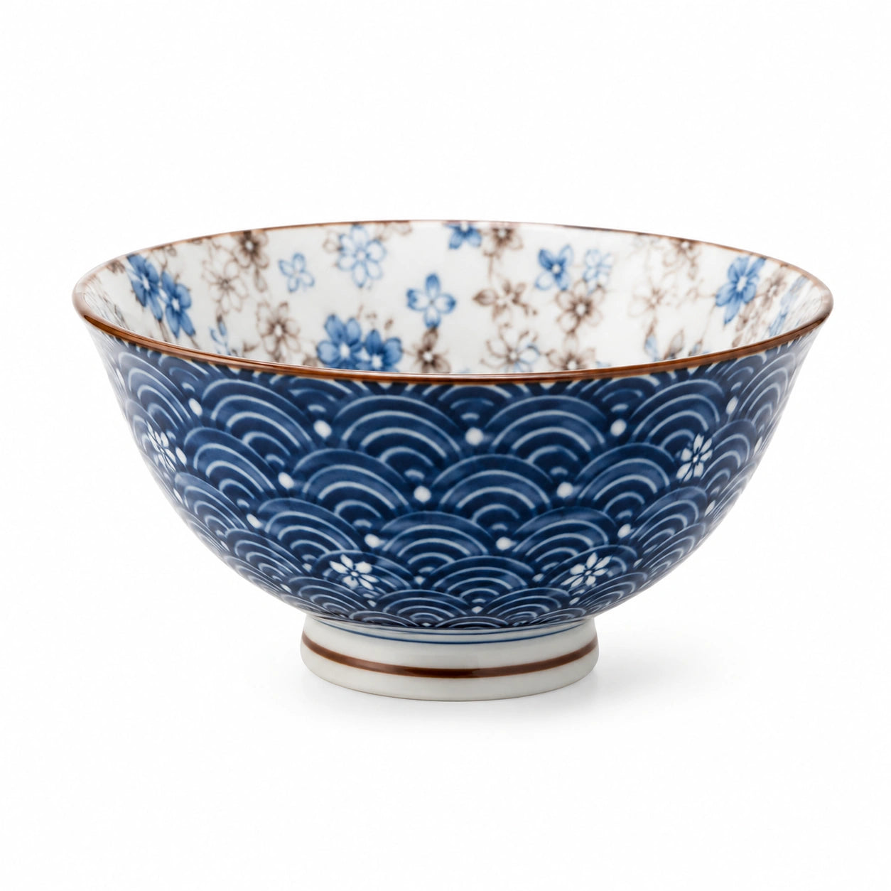 Ciotola 16 cm in ceramica blu e bianca - motivo floreale decorativo per riso e zuppe