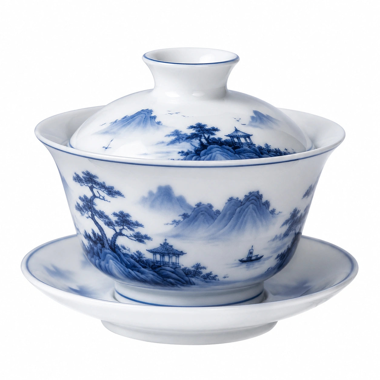 Tazza Gaiwan da tè 180 ml 12 x 10 cm in porcellana bianca e blu con coperchio e piattino