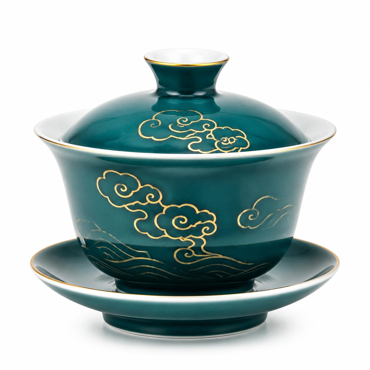 Tazza Gaiwan in porcellana 180 ml verde petrolio con decoro dorato e piattino