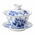Gaiwan da tè in porcellana 150 ml bianco e blu con motivo floreale - set con coperchio e piattino