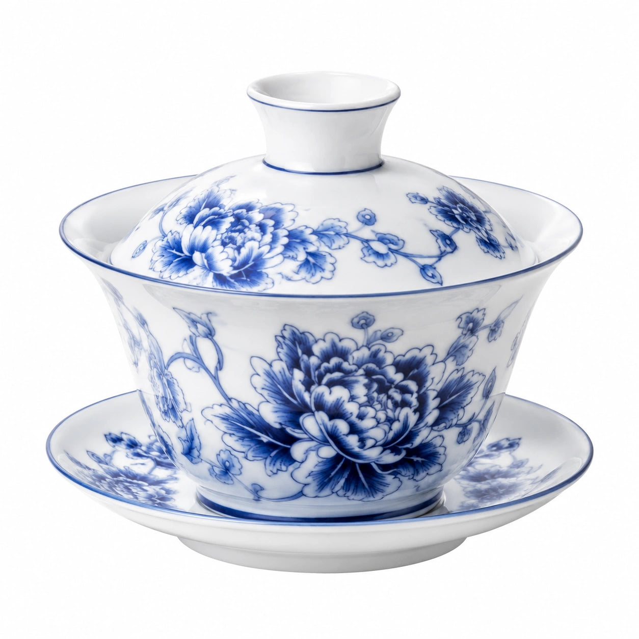 Gaiwan da tè in porcellana 150 ml bianco e blu con motivo floreale - set con coperchio e piattino