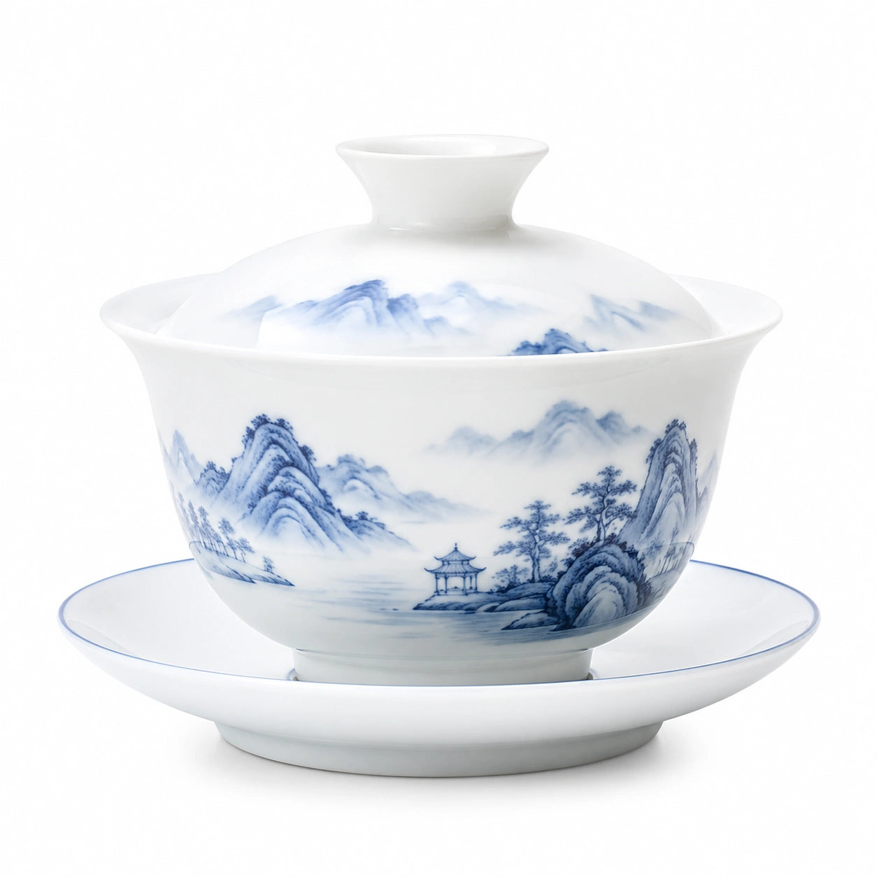 Tazza Gaiwan in porcellana 180 ml bianca e blu con piattino - servizio da tè con coperchio