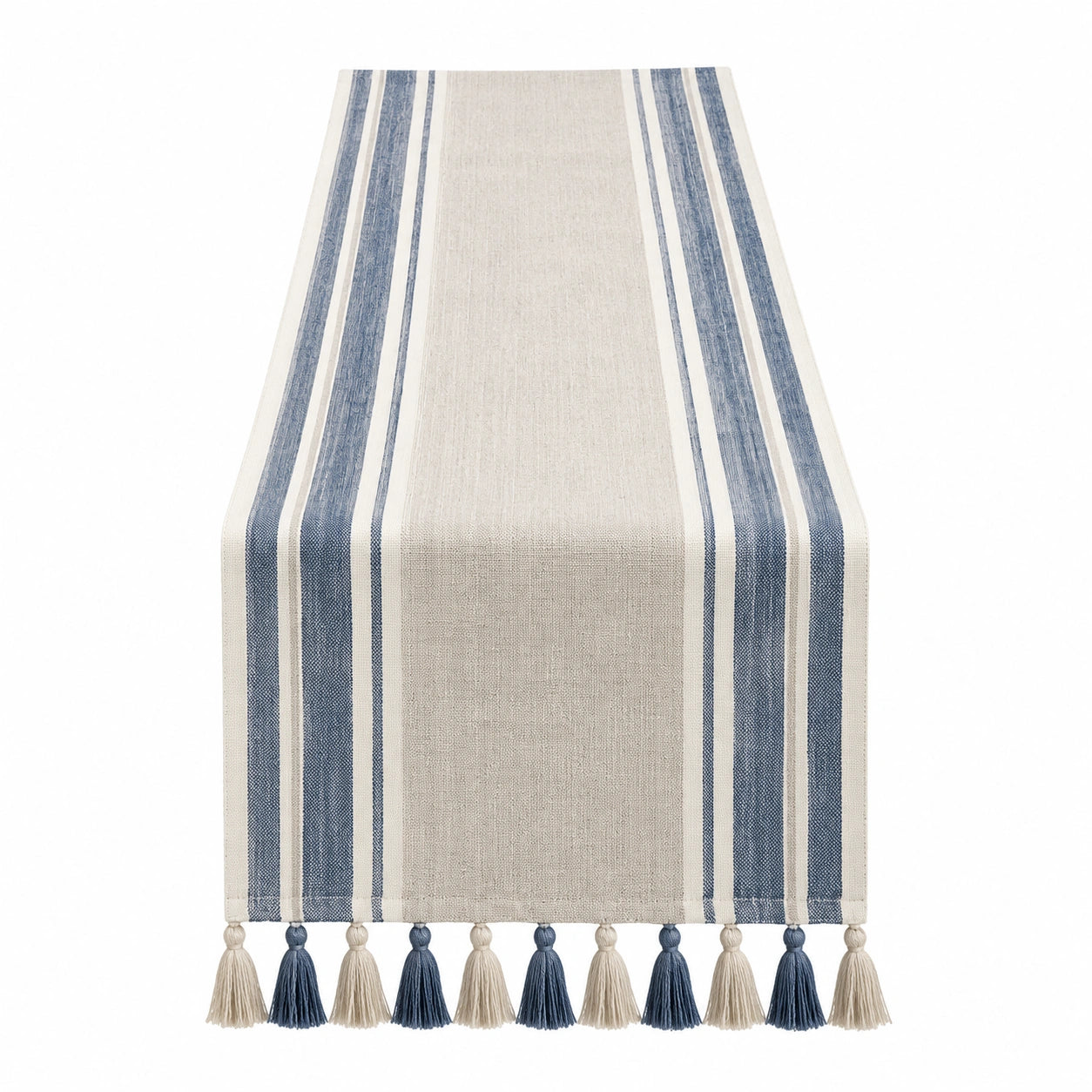 Runner da tavola 180 x 33 cm in tessuto beige e blu a righe con nappe