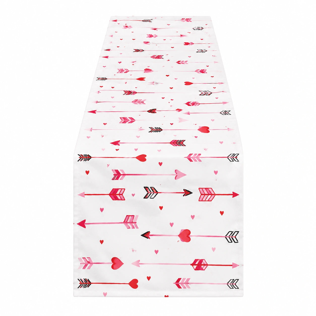Runner da tavola 40 x 180 cm in tessuto bianco rosa e rosso con cuori e frecce decorativi