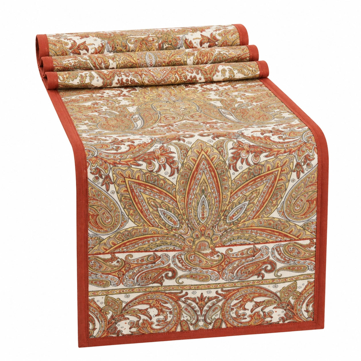 Runner da tavola 180 x 35 cm in tessuto beige rosso con motivo paisley e bordi rifiniti