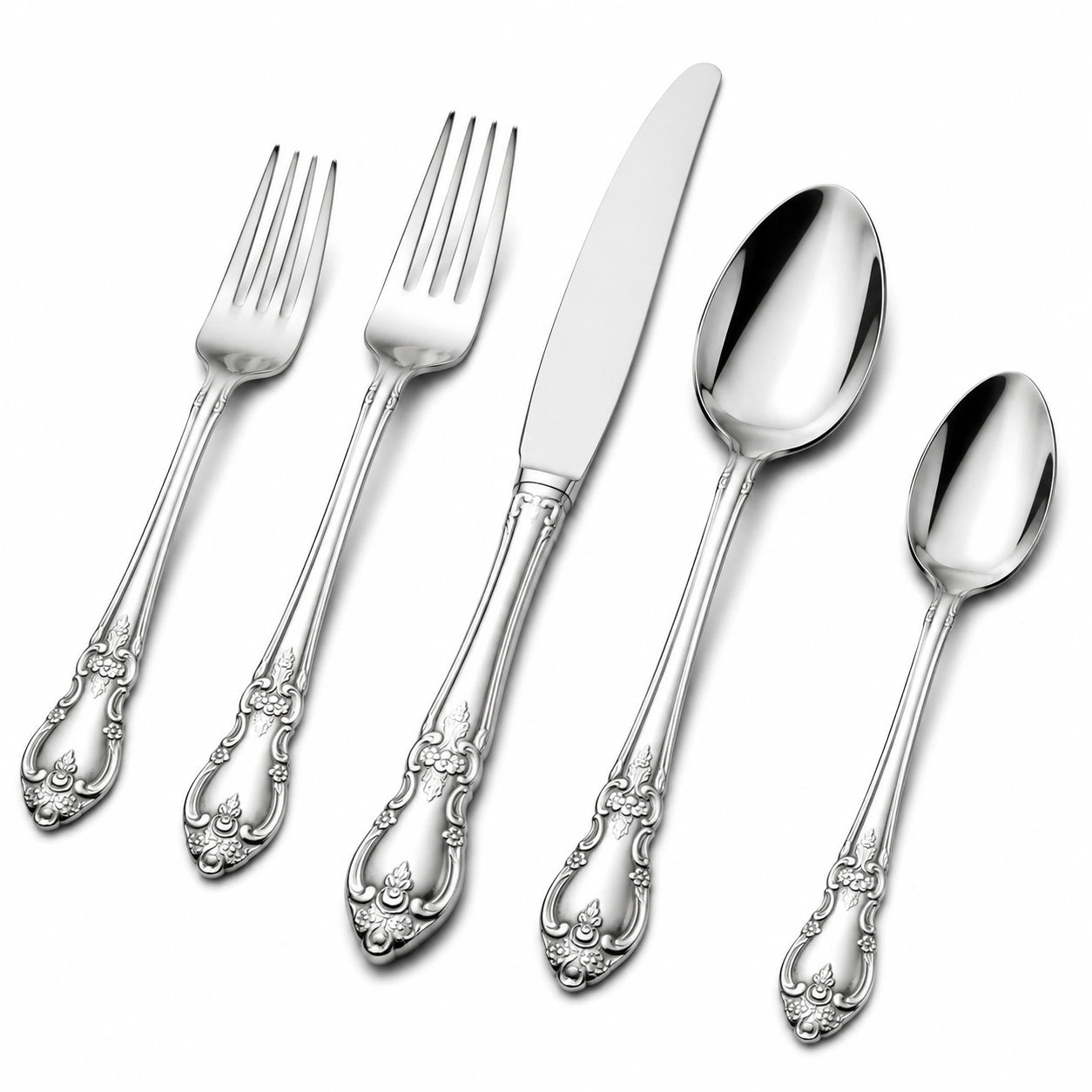 Set posate 5 pezzi in acciaio inox argento con manici decorati stile classico