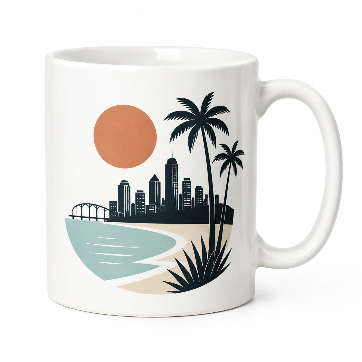 Tazza in ceramica 350 ml bianca con stampa paesaggio tropicale - manico ampio per bevande calde