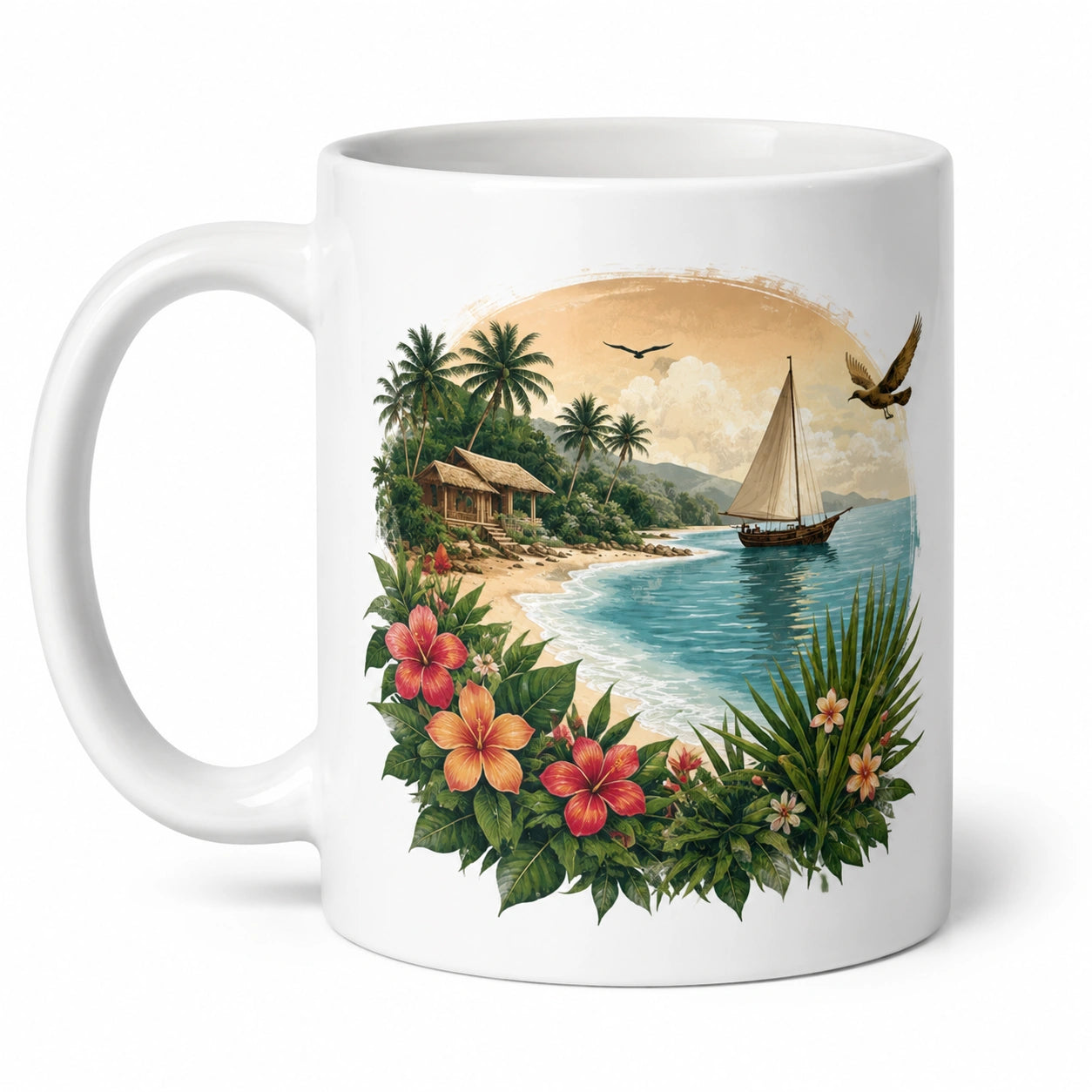 Tazza in ceramica 325 ml bianca con paesaggio tropicale - stile costiero