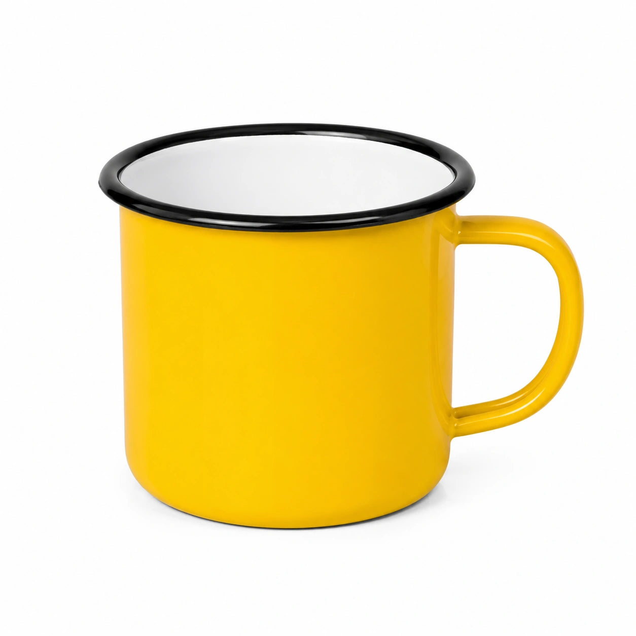 Tazza smaltata 350 ml gialla con bordo nero e manico per bevande calde e fredde