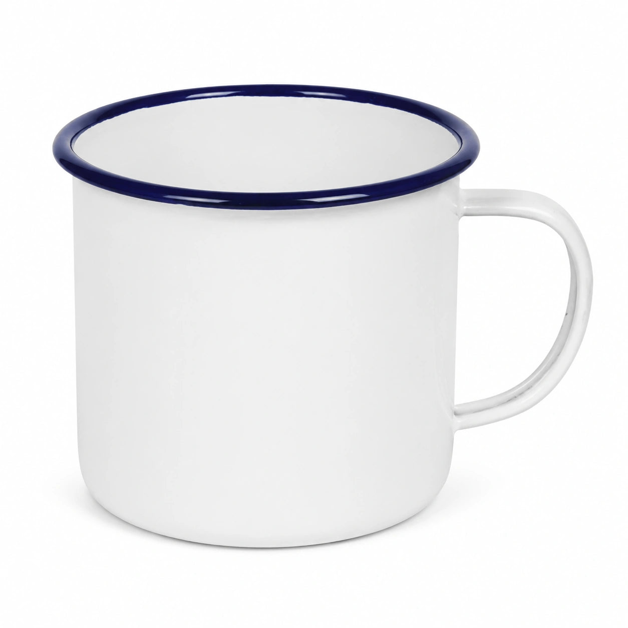 Tazza smaltata 350 ml bianca con bordo blu - manico per bevande calde e fredde