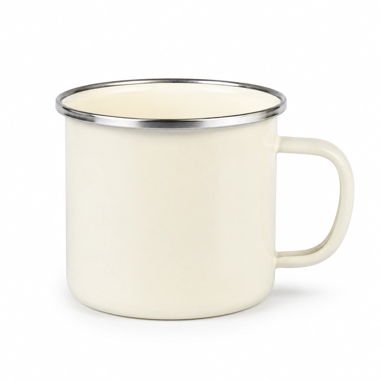 Tazza smaltata 350 ml diametro 9 cm bianco con bordo in acciaio stile minimalista