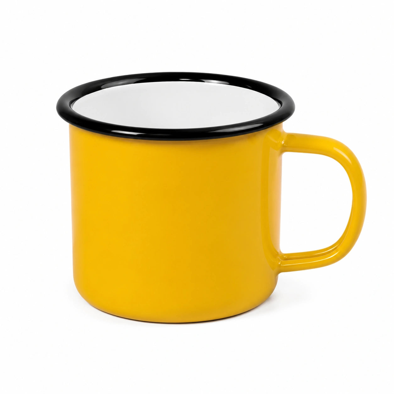 Tazza smaltata 350 ml gialla in acciaio con bordo nero - manico per bevande calde e fredde